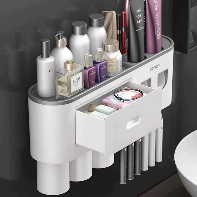 Wall Mounted Magnetic Toothbrush Holder with Waterproof Storage Box and Toothpaste Dispenser - Bathroom Organizer with 2/3/4 Cups