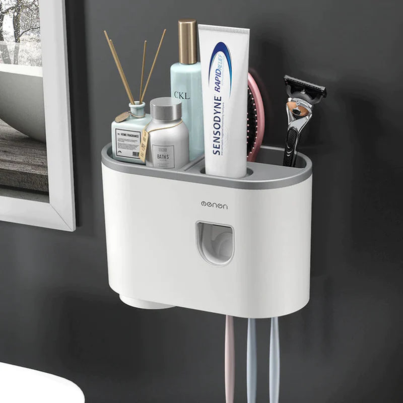 Wall Mounted Magnetic Toothbrush Holder with Waterproof Storage Box and Toothpaste Dispenser - Bathroom Organizer with 2/3/4 Cups