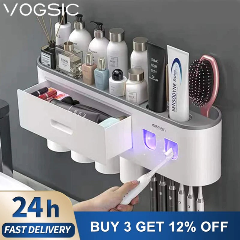 Wall Mounted Magnetic Toothbrush Holder with Waterproof Storage Box and Toothpaste Dispenser - Bathroom Organizer with 2/3/4 Cups